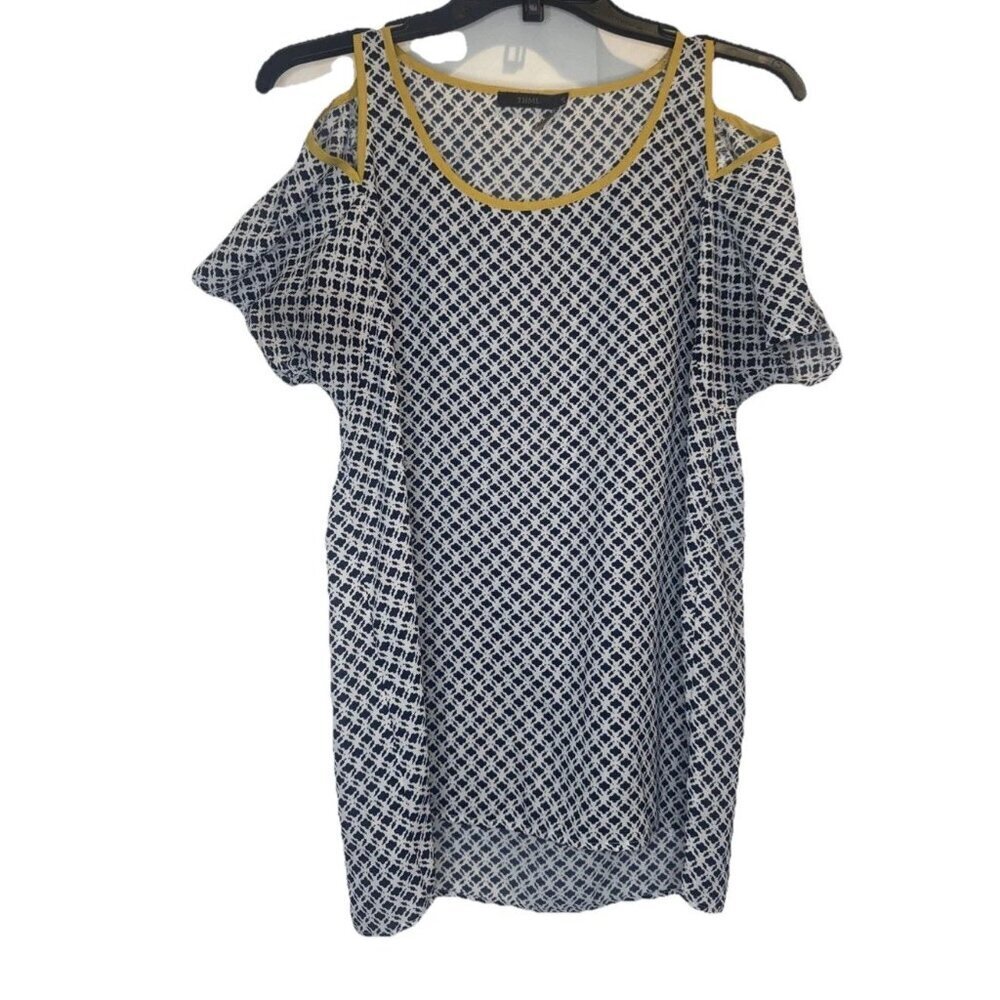 THML Women’s Blue White Yellow Trim Cold Shoulder Peek A Boo Blouse Top Sz M